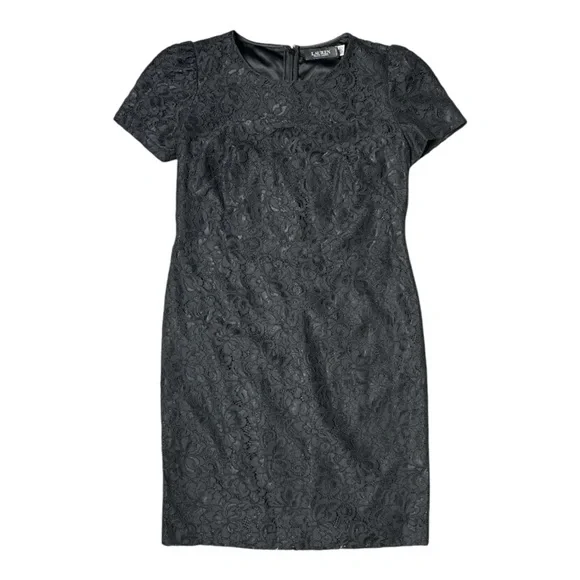 LAUREN RALPH LAUREN BLACK LACE PUFF SHORT SLEEVE COCKTAIL MIDI DRESS **NWT** - Picture 11 of 15
